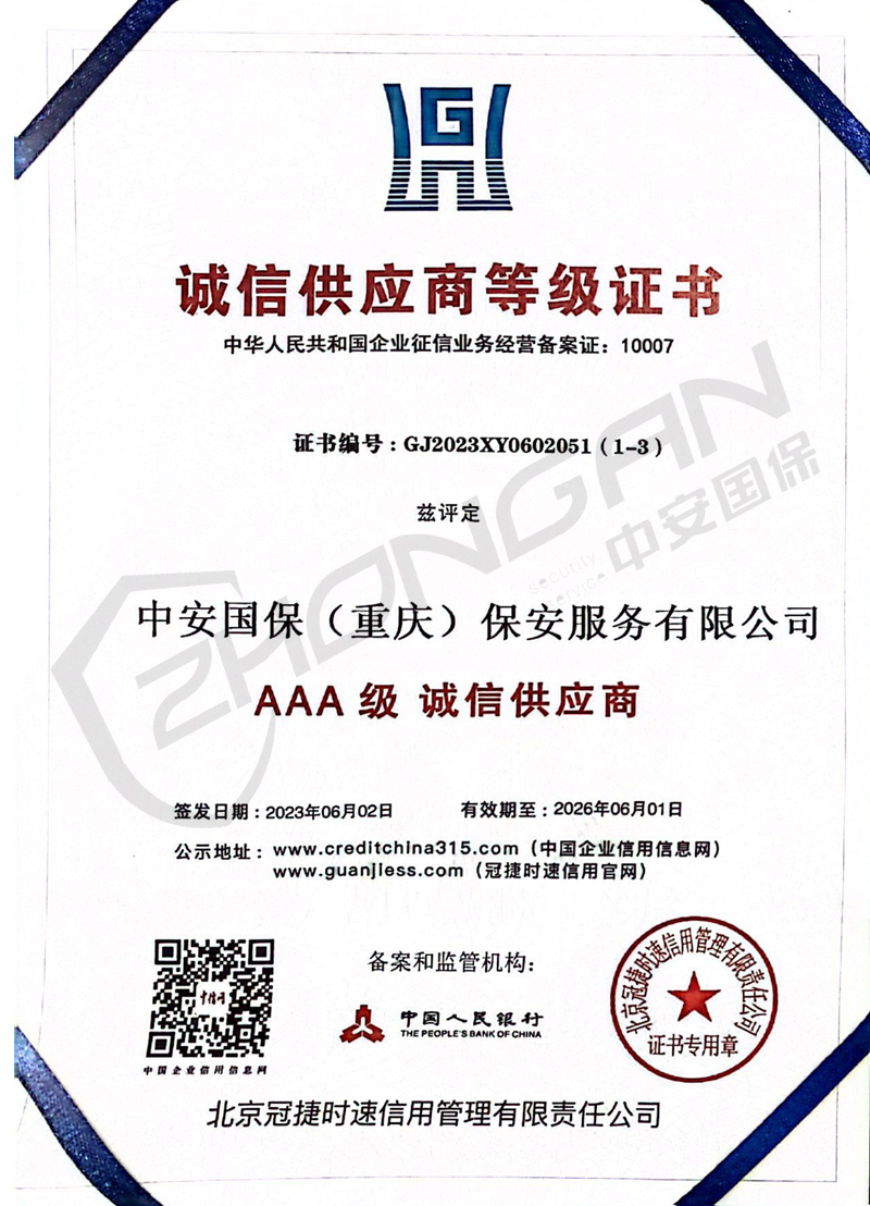 誠信供應(yīng)商等級證書--質(zhì)量、服務(wù)誠信單位證書